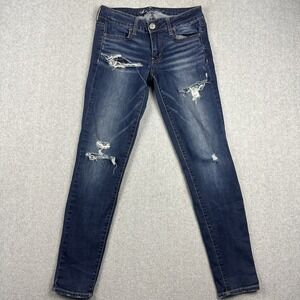 American Eagle Jegging Womens 6 Blue Stretch Jeans Dark Wash Denim Distressed